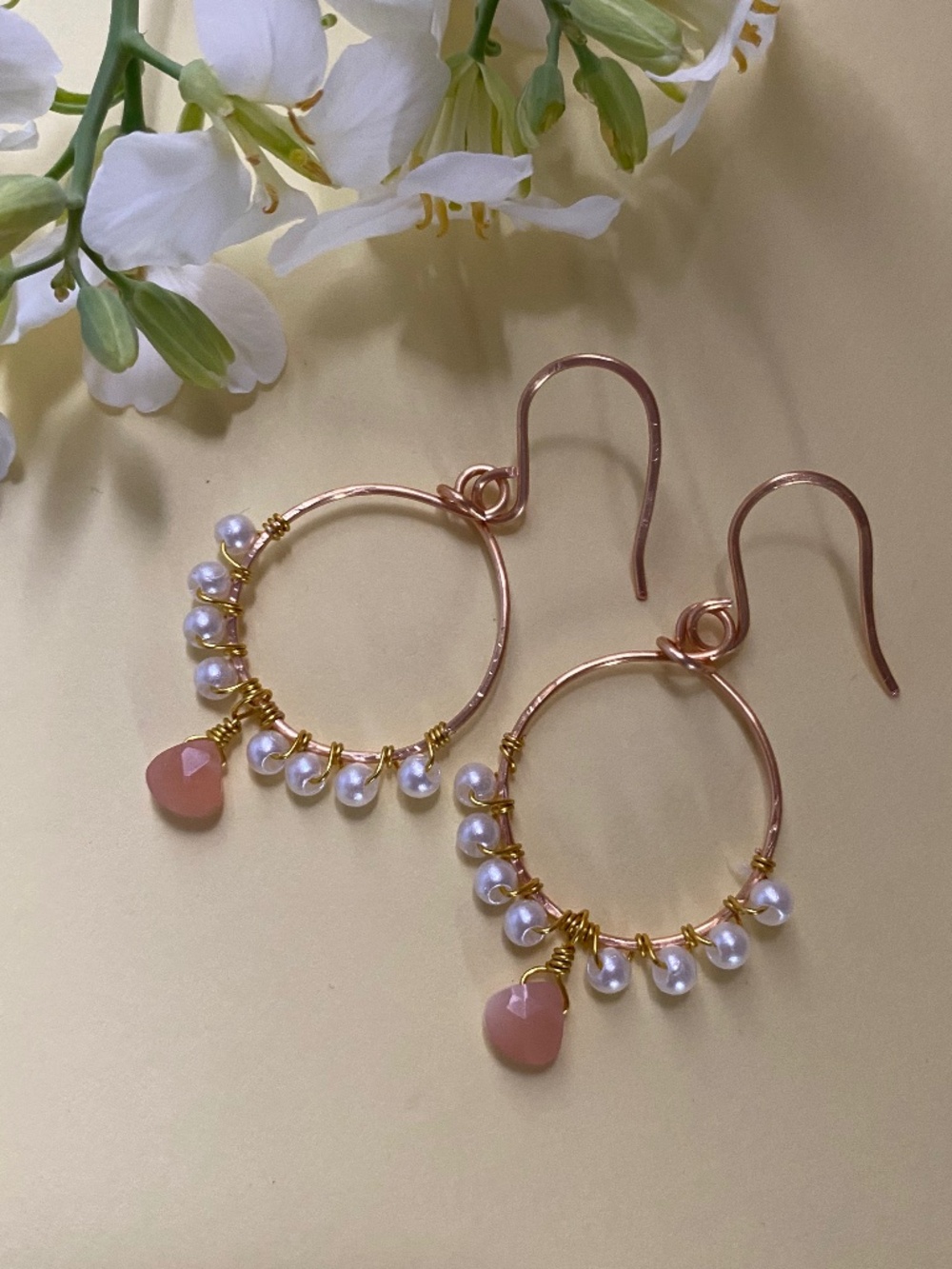 Handmade Hoop Earrings with Peach Moon Stone & Faux Pearl